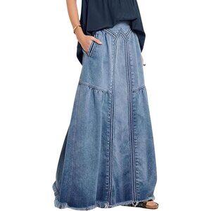 Women Light Blue Retro Elastic High Waist Frayed A-Line Maxi Denim Skirt&Pockets